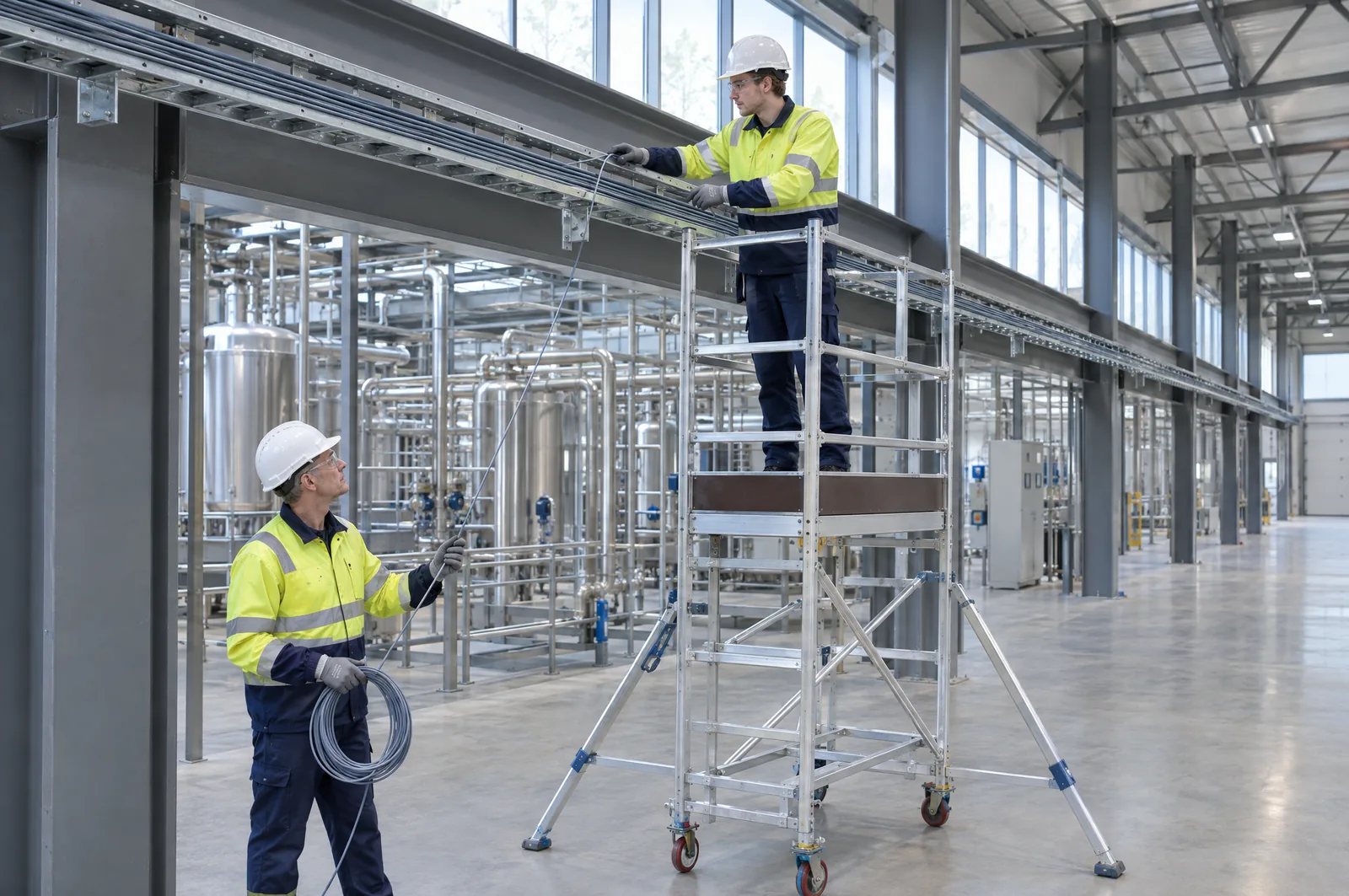 Elektrikai tiesia kabelius pramonės salėje