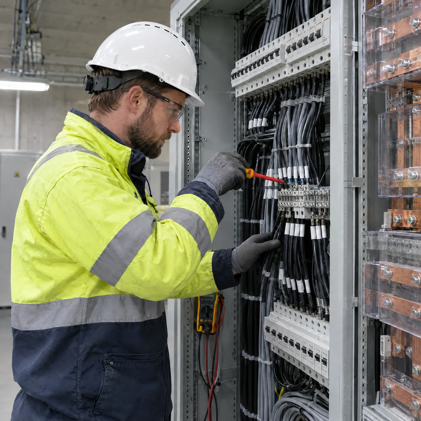 Elektrikas pajungia kabelius skirstomajame skyde
